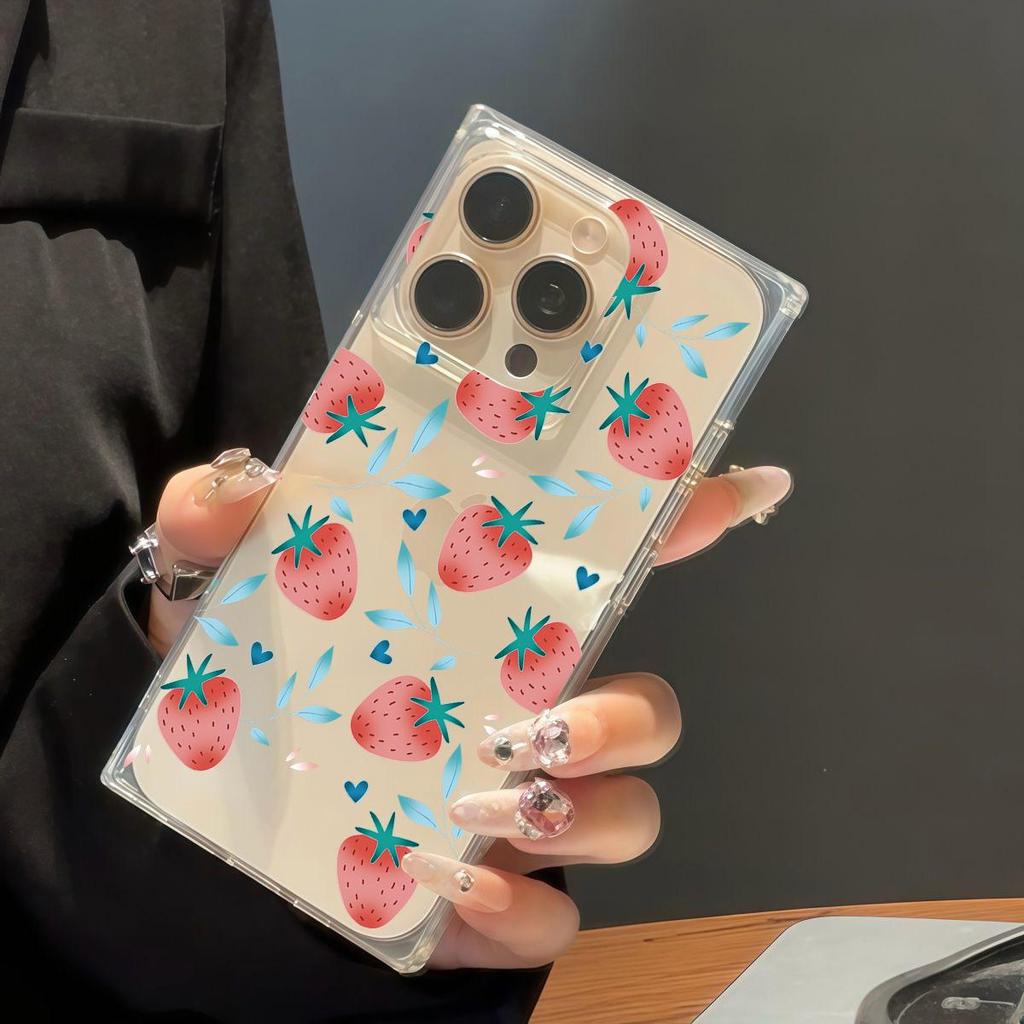 Clear Square Back Tube Case Protection For iPhone 16 ProMax 13 14 Pro Max 15 Plus 11 12 Anti-Oxygen,Multiple Strawberries Pattern Casing