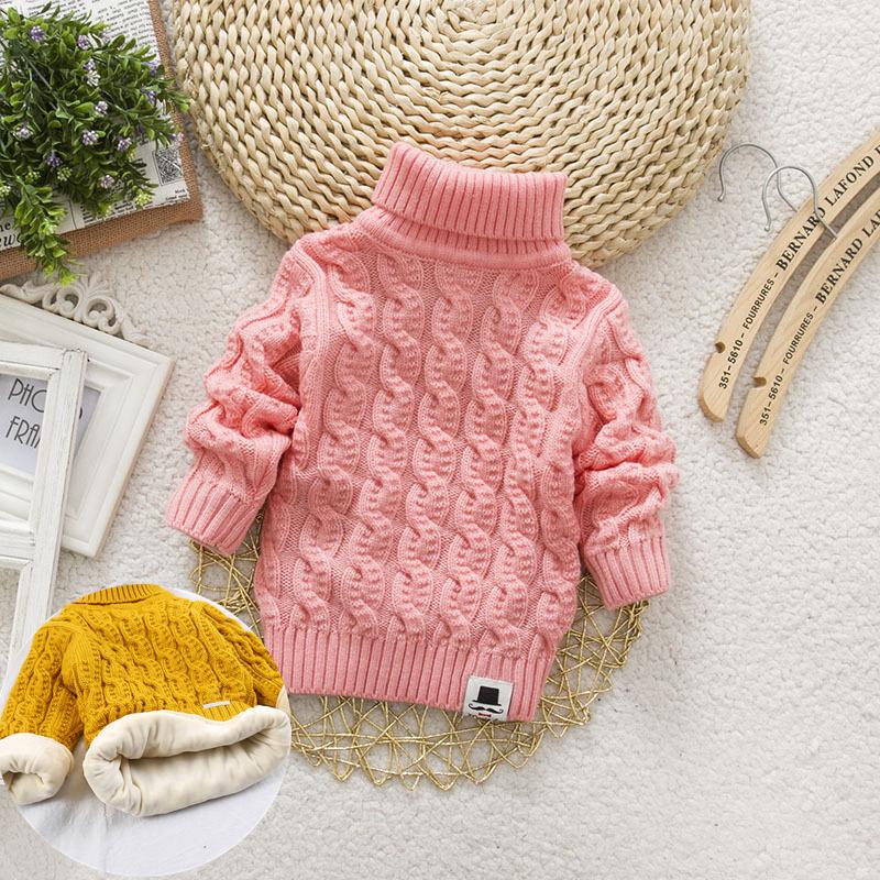 Boys and Girls Sweaters Plus Velvet and Thick Korean Style Knitted Fir Base Shirt Baby Children Round Neck High Collar Warm Sweater