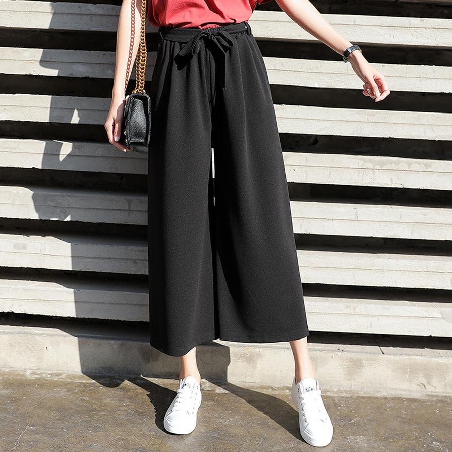 Women's Spring Korean Style Wide Leg Pants Loose Chiffon Casual Straight Leg Trousers with Tie Waist and High Waist for Summer