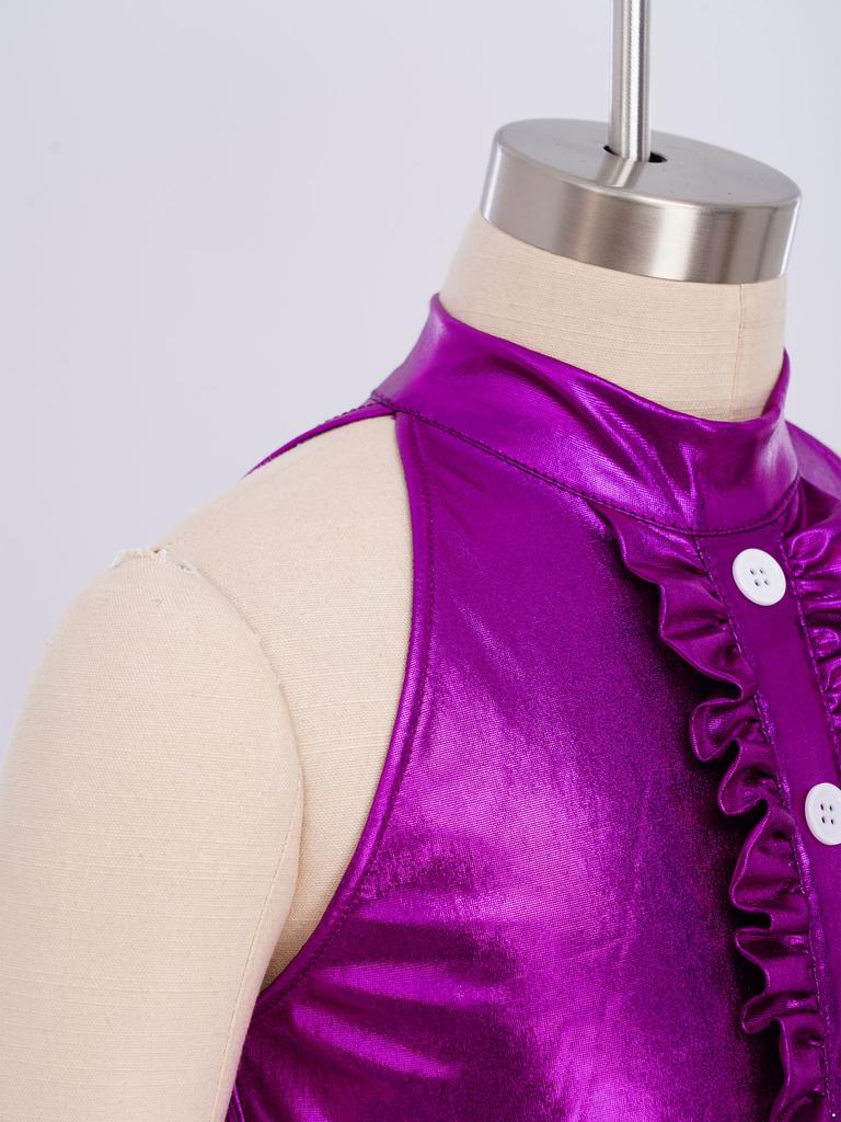 Meisjes Mock Neck Mouwloze Jumpsuit Metallic Bodice Ruches Wijde Pijp Rits aan de Achterkant Jazzdans Kostuum