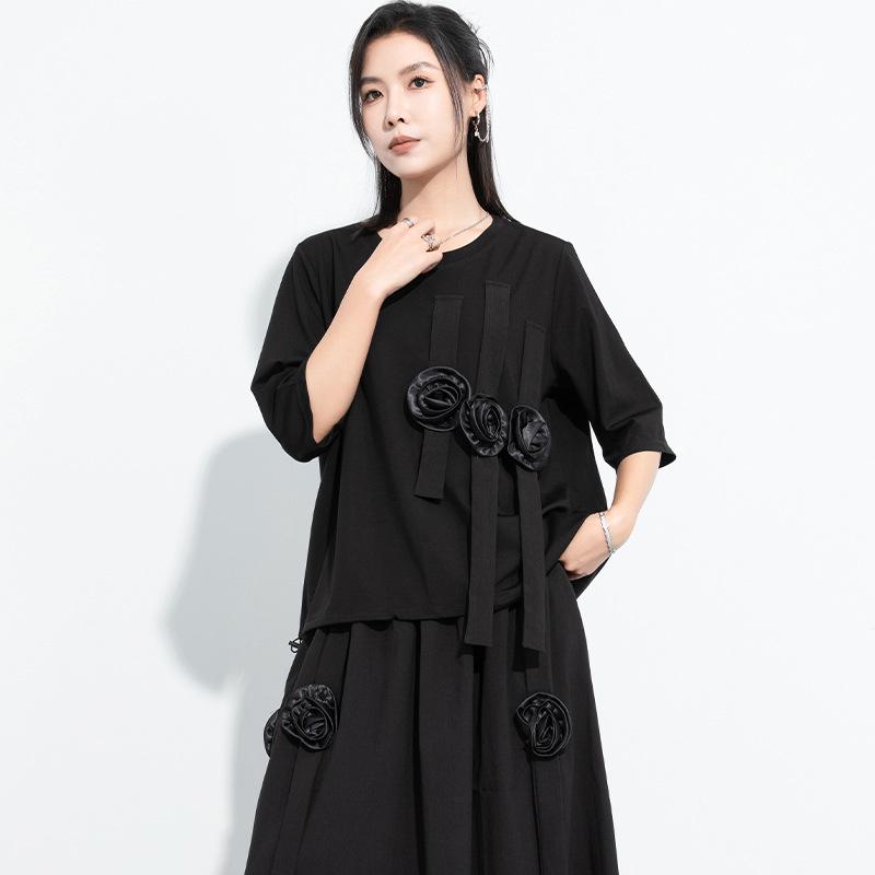 

Женская футболка с 3D-цветочным принтом, с коротким рукавом - Темный стиль Ямамото, Шикарный свободный летний топ L (62-78 kg) чёрный