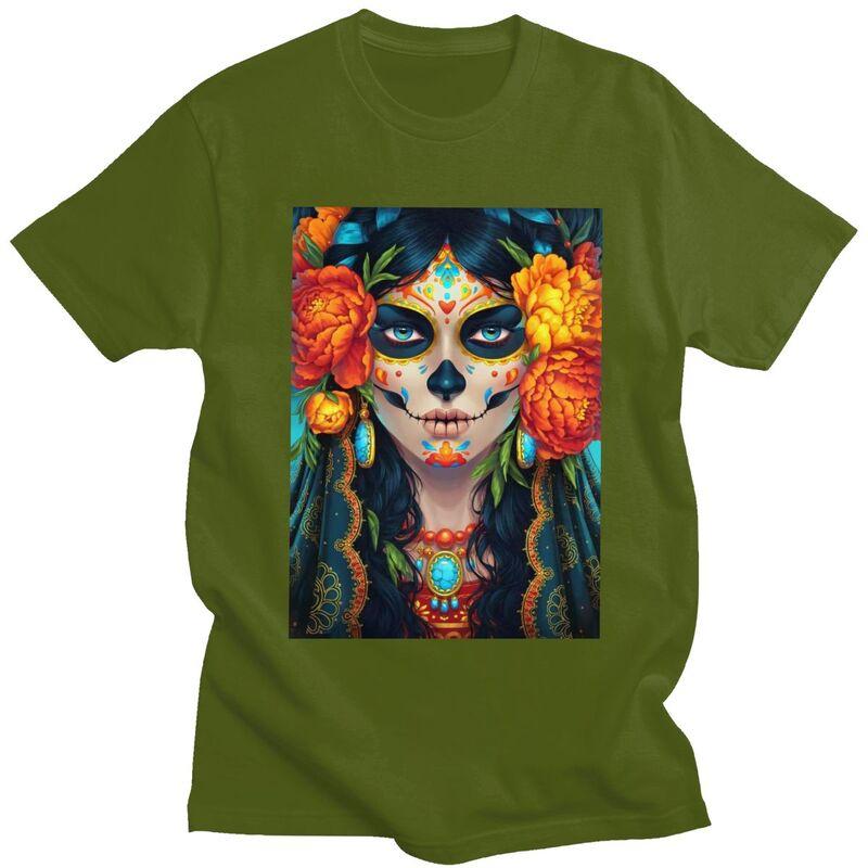 Individuelles Mexikanisches Catrina Zuckerschädel Dame T-Shirt für Herren Reines Baumwoll-T-Shirt Mode-Tee Kurzarm-T-Shirts Schlanke Passform