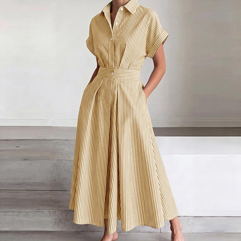 ZANZEA Damen Lässiges Umlegekragen Lockeres Kurzarm Gestreiftes Langes Kleid 5XL khaki