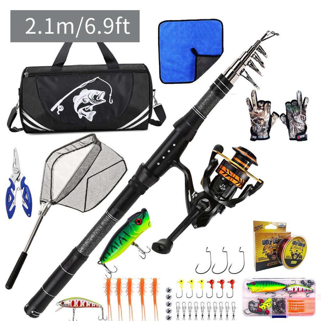 Portable Carbon Lure Rod Set with Fishing Gear Bag & Landing Net for Long Cast