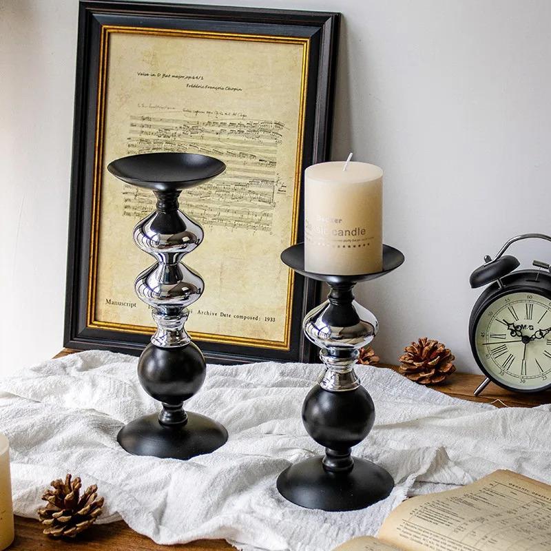Black and Silver Two-Tone Metal Candlesticks, Set of 3 Modern Column Candlesticks for Centerpiece Home Decor