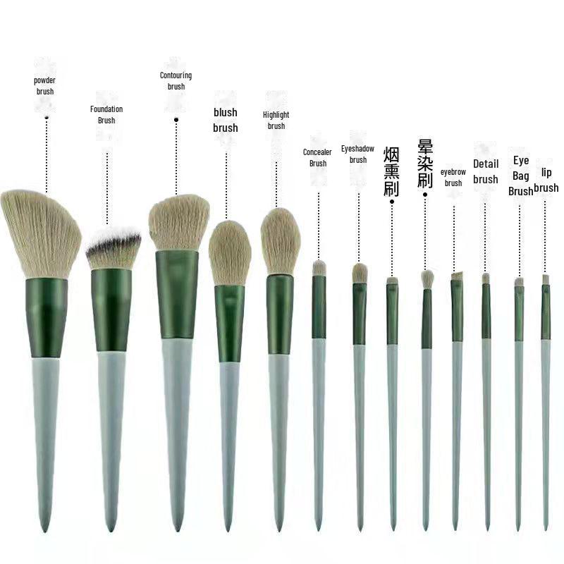 13dílná sada štětců na make-up v zelené barvě: Jemné oční stíny, sypký pudr, tvářenka, korektor a přenosné štětce pro všechna roční období.