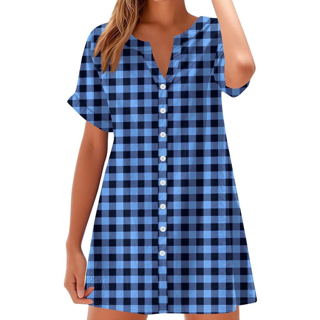 Women's Fashion Casual V-neck Short-sleeve Button Check, Tie-dye, Polka Dot Print Dress