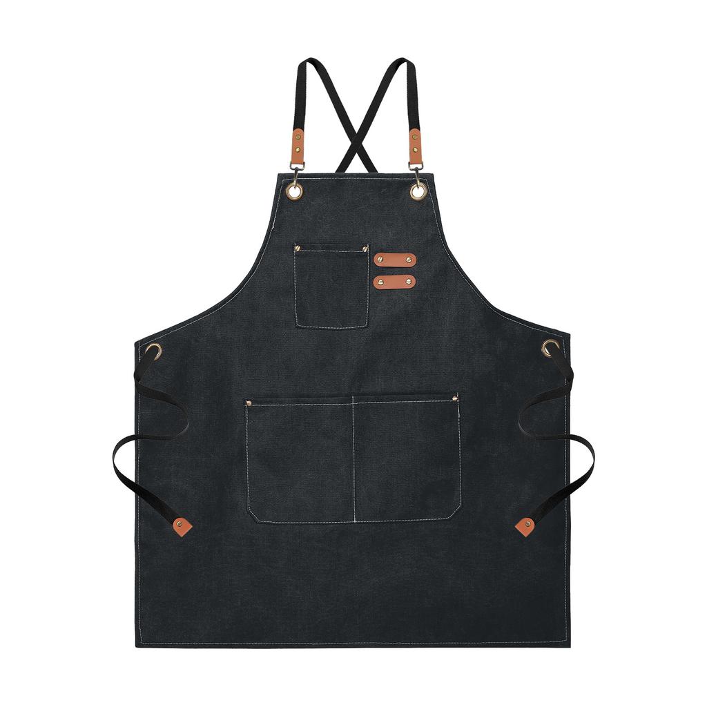 Canvas Chef Aprons 75x69cm Adjustable Strap Cross Back Kitchen Cooking Apron with 3 Pockets for Men Women Chef, Black