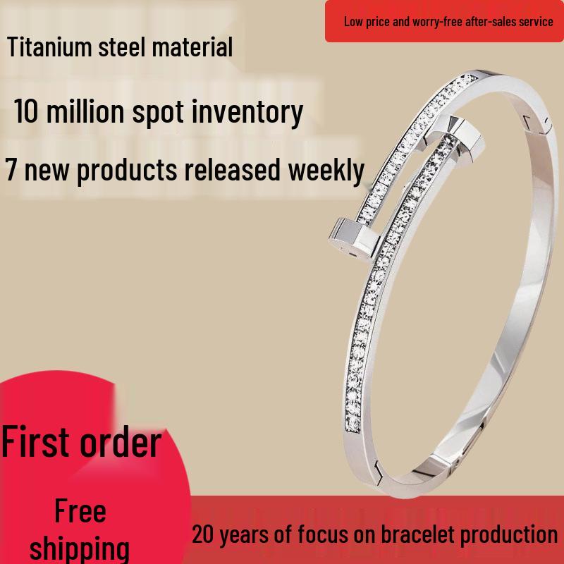 European & American Titanium Steel Nail Bracelet with Double-Headed Nail & Diamond Inlay, Colorfast & Versatile Stainless Steel Wristband