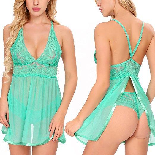 European and American new European and American sex underwear sexy transparent lace mesh neck sex pajamas