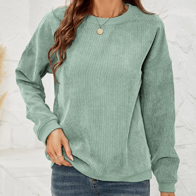 Women's Corduroy Sweatshirt Casual Round Neck Pullover Long Sleeve Top