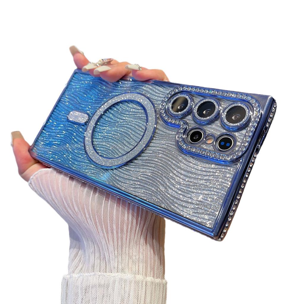 Suitable for Samsung S25 Flash Powder Magnetic Rhinestone Frame Mobile Phone Case Water Corrugated Flash Powder Lens Film A35 Anti Fall Full Package