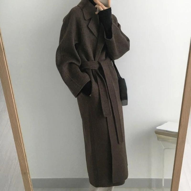 

Long Wool Blend Jacket For Woman 2026 Solid Color Coat Batwing Korean Winter Warm Loose Overcoat Mujer Snow Wear Long New Jacket S коричневый