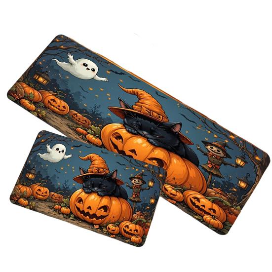 huaqianguhh 2Pcs/Set Halloween Kitchen Rugs, Anti Slip Absorbent Floor Mats, Pumpkin Black Cat Ghost Designs, Decorative Rugs for Living Room Bathroom