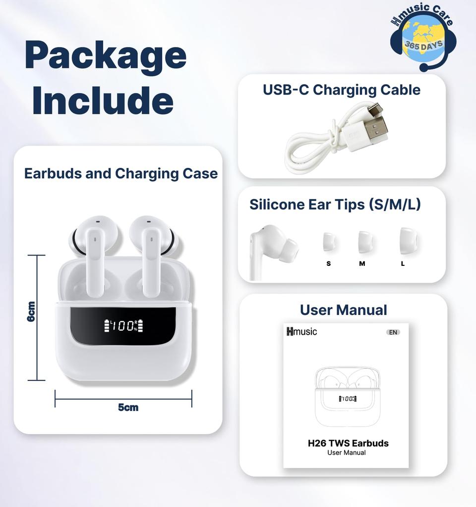 Hmusic Wireless Bluetooth Earphones with LCD 4 and Up To 40 Hours of 13mm Titanium Composite Diaphragm Compact and Comfortable Fit for iPhone and