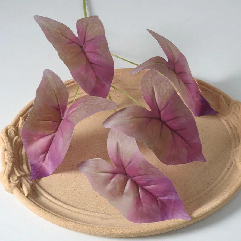 50cm Artificial Plants Film 5 Forks Colorful Taro Leaves Table Decorative Simulation Green Plant Leaf Wedding Decoration Floral