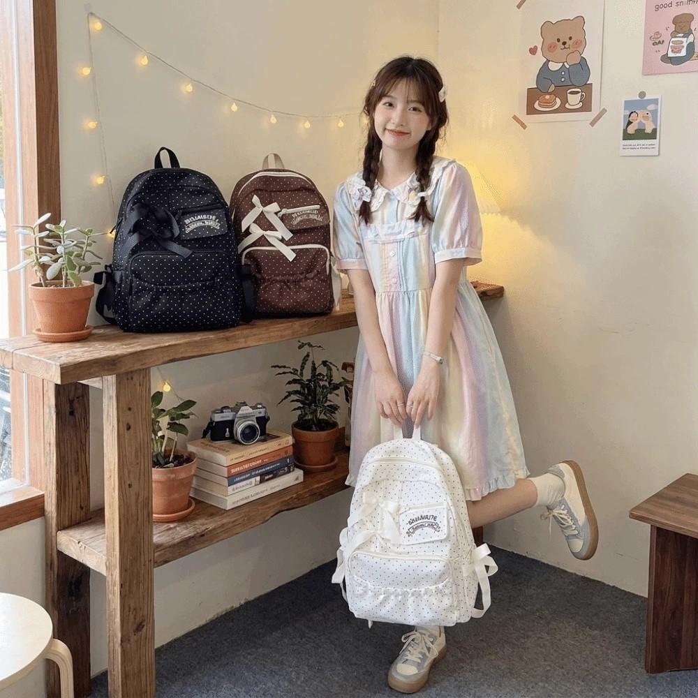 Zaino a pois con fiocco, grande capacità, multi-scomparto, daypack, borsa scolastica alla moda per adolescenti