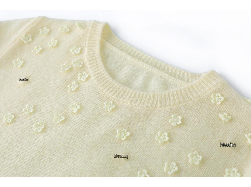 2025 Autumn/Winter Women's Loose Round Neck 100% Pure Wool Embroidered Long Sleeve Sweater Base Layer
