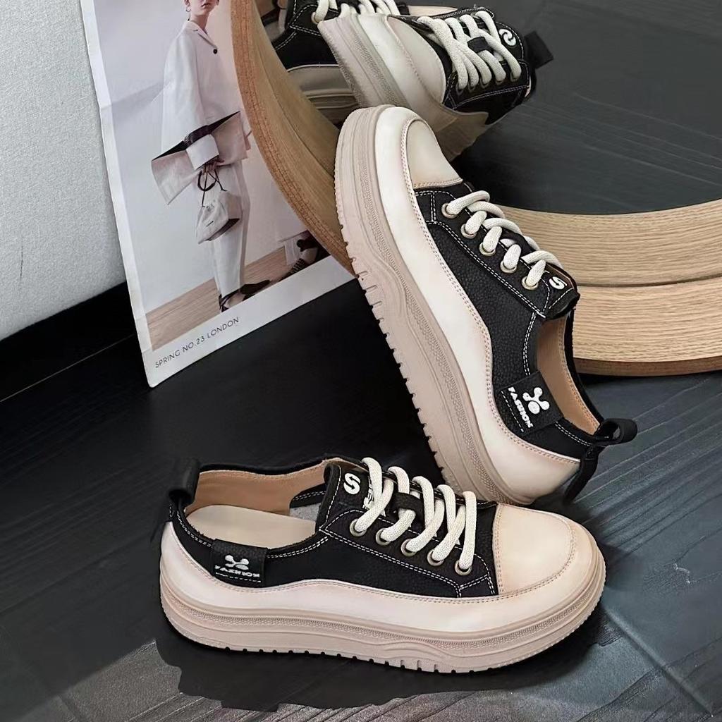 Little white shoes women's first layer cowhide new retro sports and leisure shoes lace up thick sole lightweight soft baseplate shoes