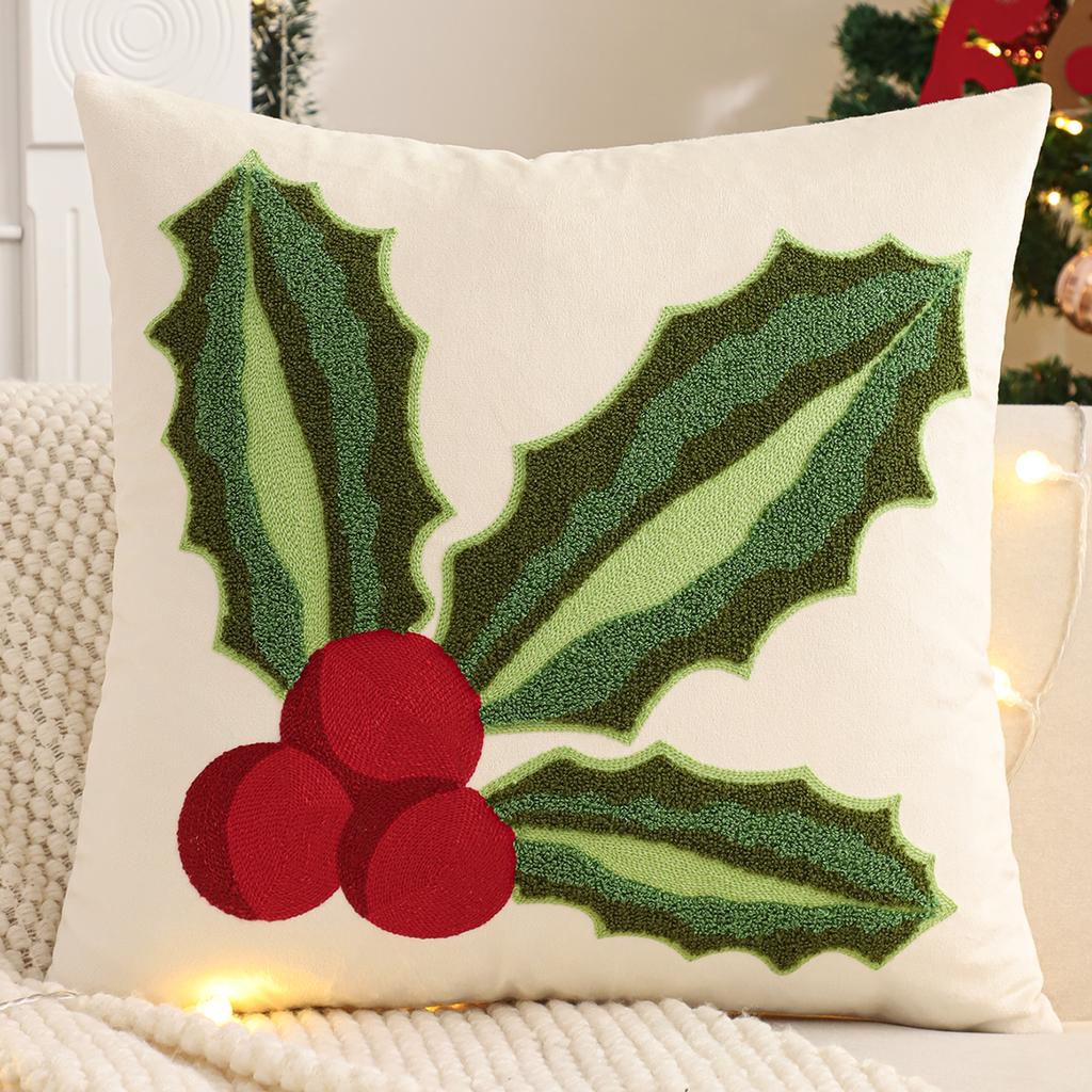 Embroidery Throw Pillow Cover Christmas Decoration Velvet Soft Santa Claus Flowers Winter Farmhouse Home Sofa Living Room