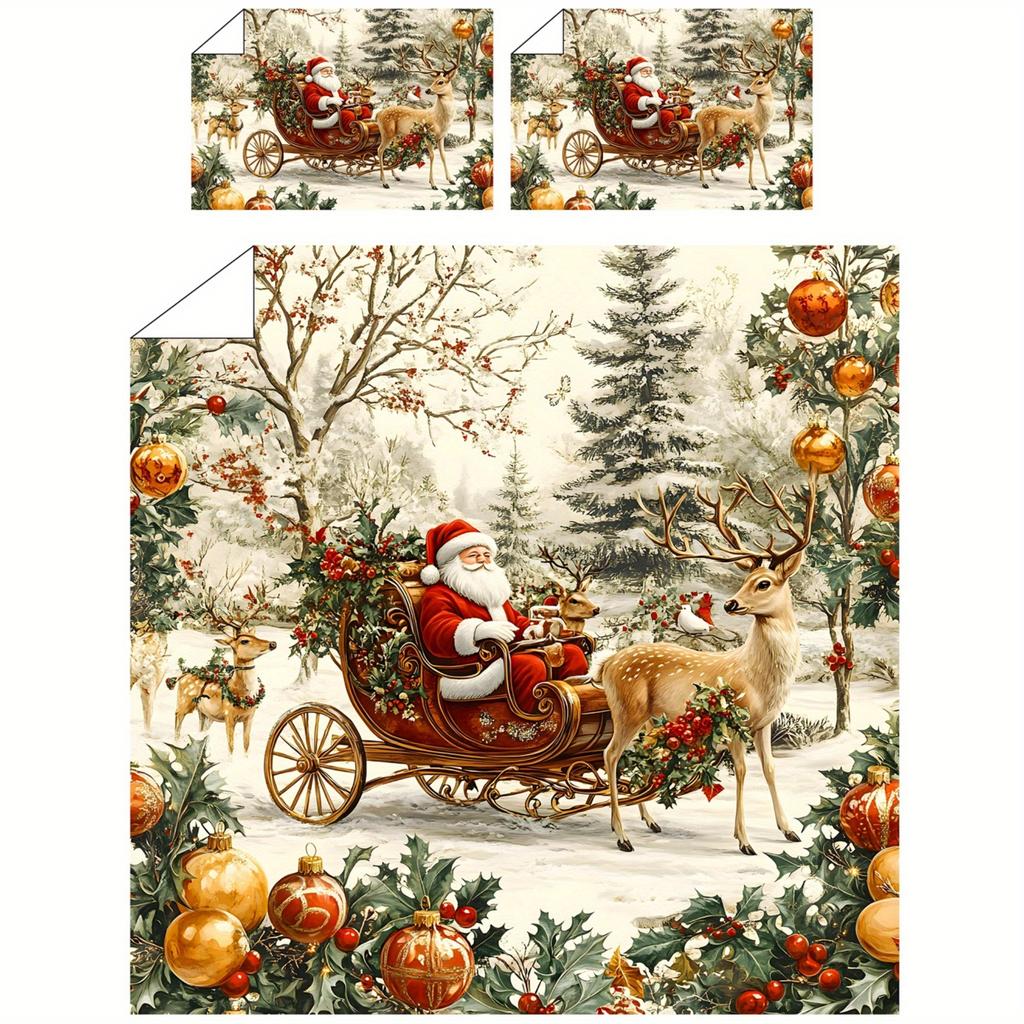 Christmas Super Soft Fleece Digital Printing Quilt Cover Kit Gift Pattern Santa Claus Sleigh Reindeer Snowman And Snowflake