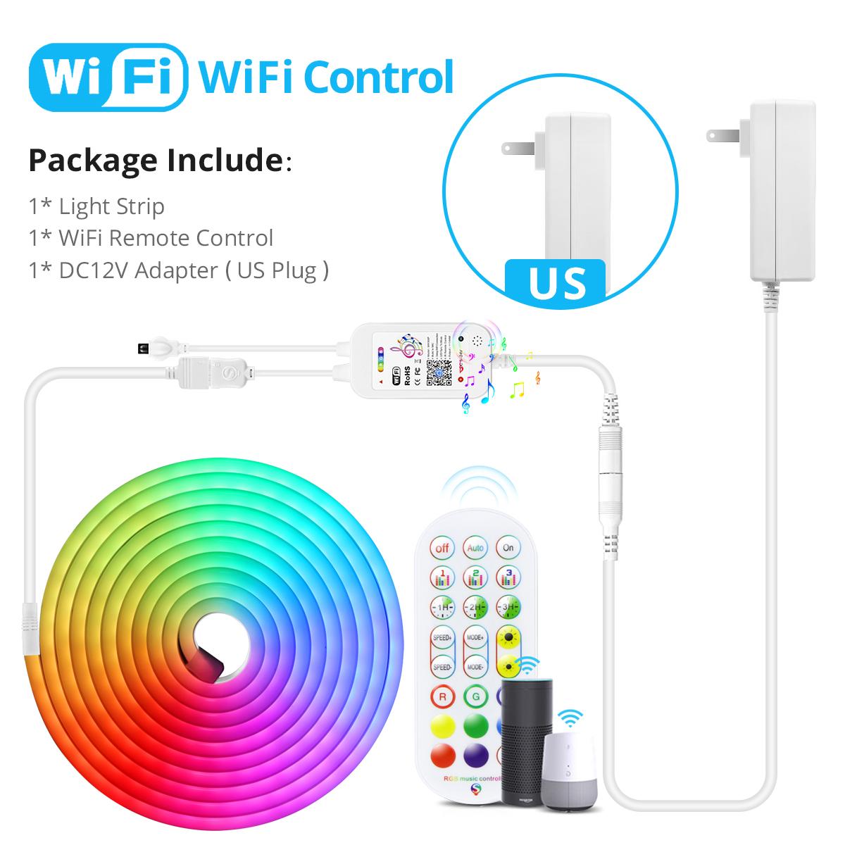 

Умные светодиодные неоновые ленты 12 В, RGB водонепроницаемые ленты, украшения с регулируемой яркостью и Wi-Fi, приложение Tuya, дистанционное управление 5M-US