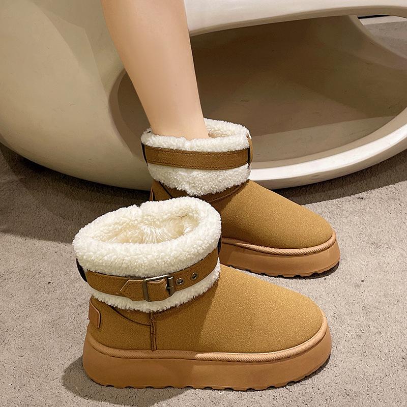 Dammode Stövlar Dam Plus Size Mocka Snökängor Casual Kort Skaft Sponge Cake Tjocksulade Bomullsstövlar Päls Plysch Sammetsskor 36-41