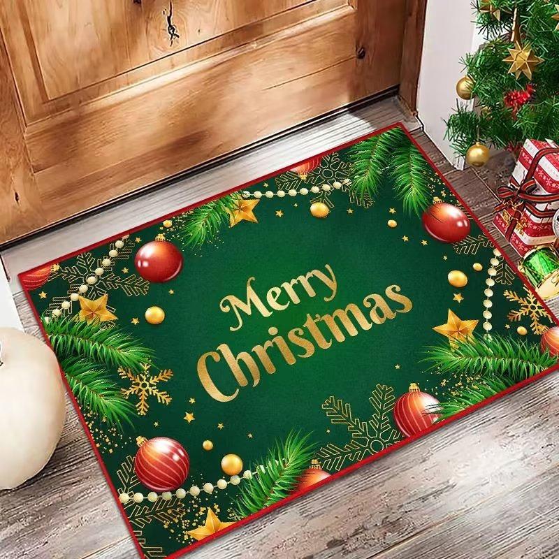 Christmas Themed Flannel Doormats Festive Santa Claus Poinsettia Prints Colorful Holiday Decor Soft Floor Mats for Home Entrance