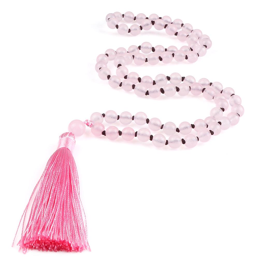 European 8mm Stone Bead Tassel Necklace and Multi-Strand Buddhist Bead Bracelet