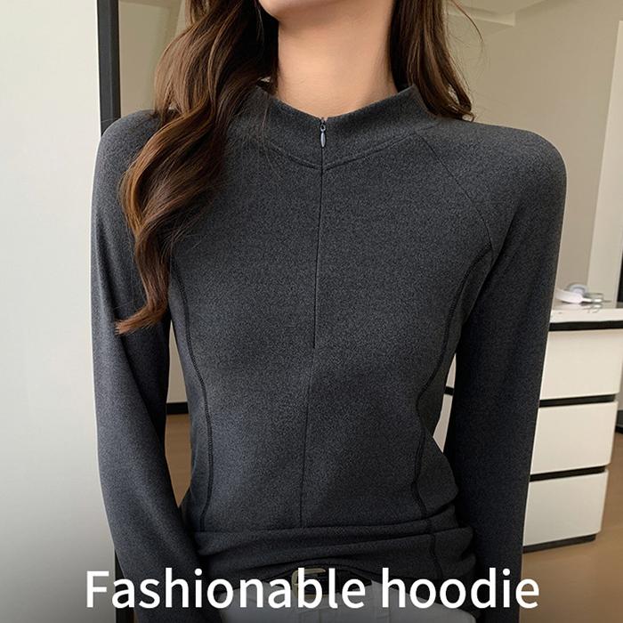 Ladies Spring Autumn Long Sleeve Zipper Stand Collar Solid Color Pullover Casual T Shirt Top