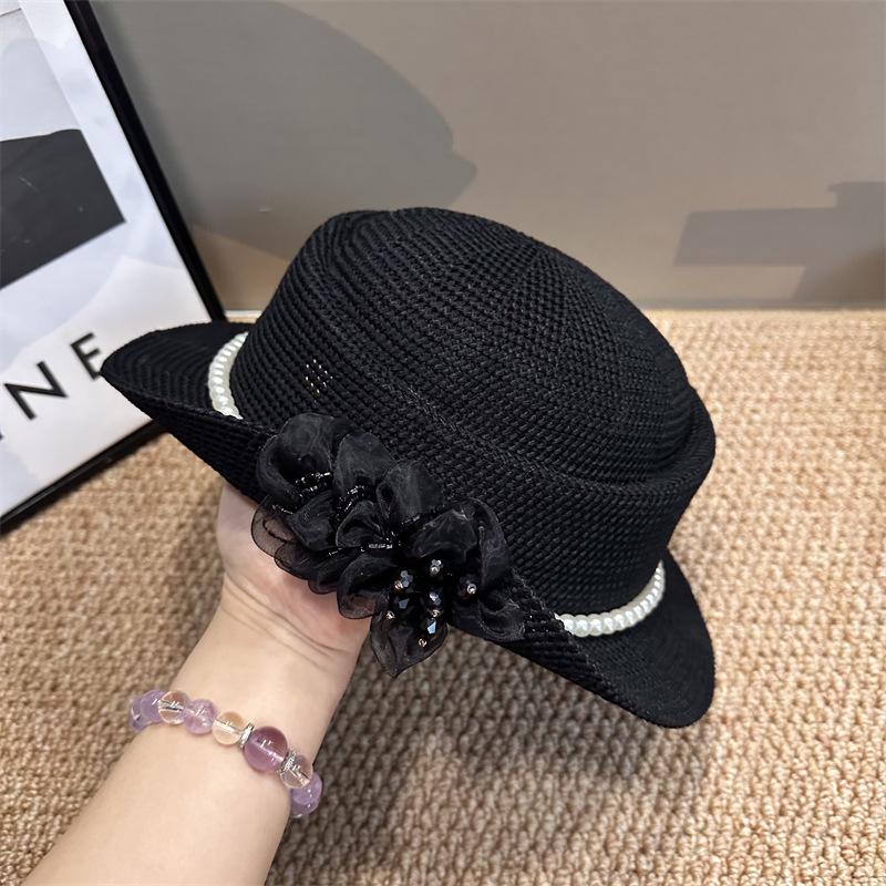 Floral Flat Top Straw Hat for Women French Hollowed Out Sun Hat Spring Summer Beach Vacation Casual Outdoor Fashion Accessory