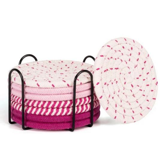 Yousheng 8Pcs Cotton Woven Coasters for Drinks, Absorbent Coasters Set with Holder, Wear-Resistant Insulating Heat-Resistant Coasters for Cups Teapots