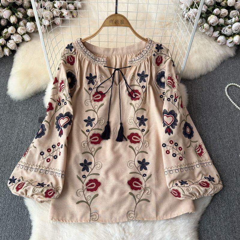 

Ретро Топы с машинной вышивкой Женские 2024 Весна и Осень Новые V-образный вырез Свободный Облегающий Рукава-фонарики Этнический стиль Рубашка Мода Apricot All yards