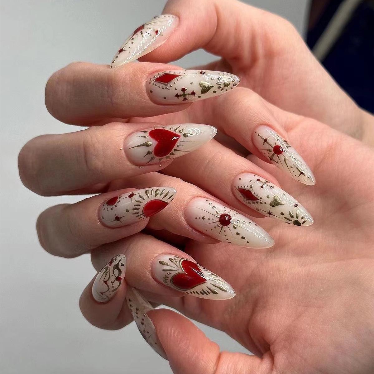 

Cross-Border Red Heart & Star Pattern Press-On Nail Art Tips JP3281 [Glue Version]