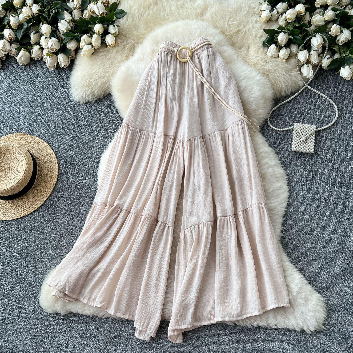 women s Casual Elastic High Waist Wide Leg Pants Flowy Tiered Pleated Culottes One size fits all
