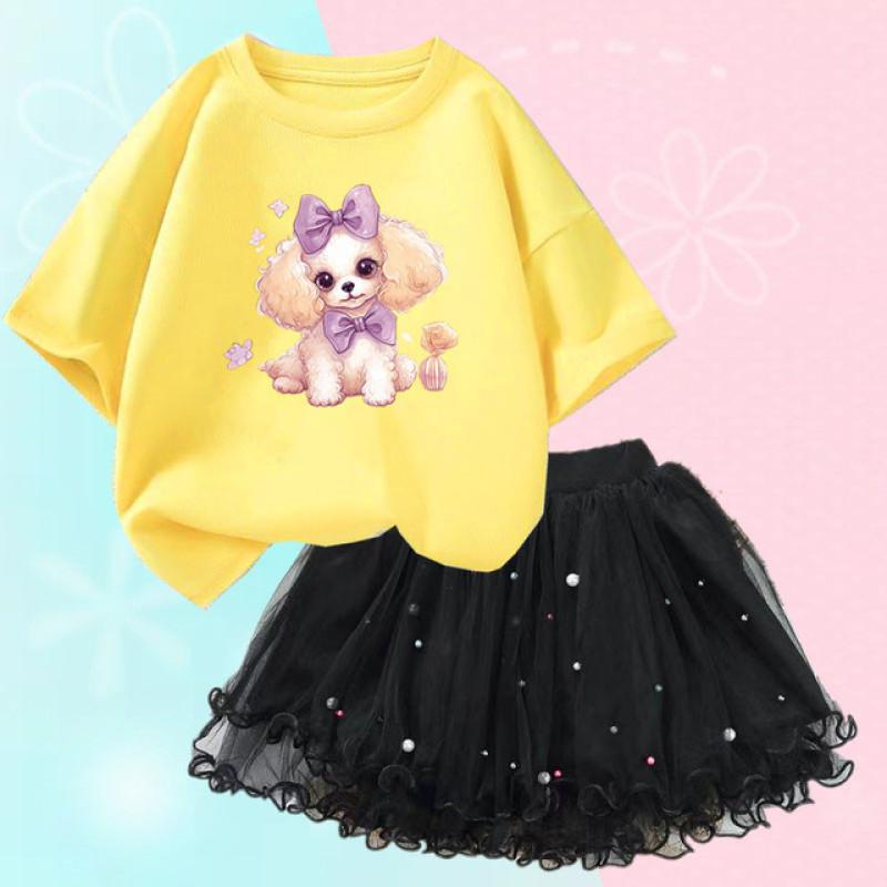 Summer Girls Cute Dog Print T Shirt & Tutu Skirt Two Piece Outfits Party Birthday Christmas Clothes 2-12Y