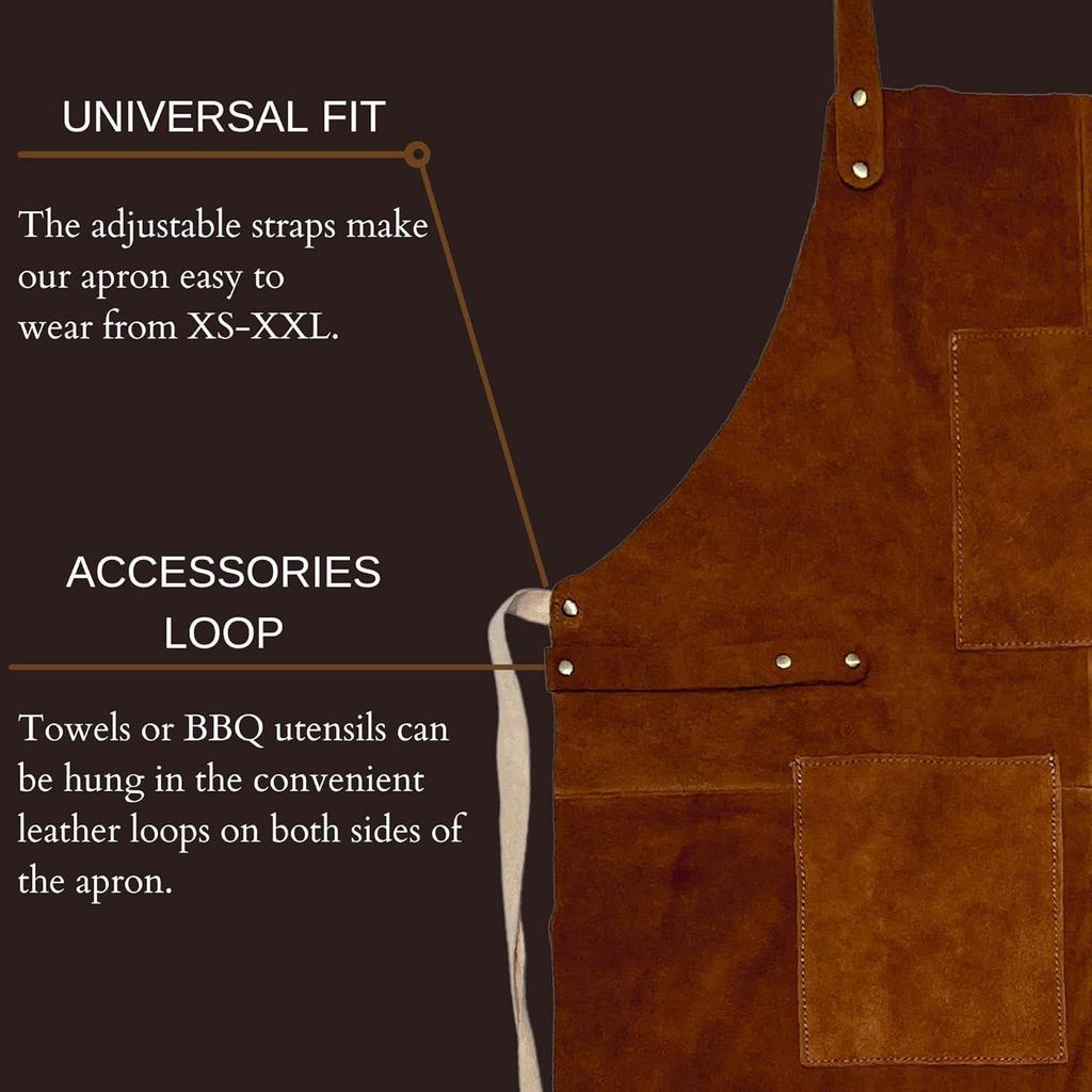 Leather Grill Work Apron with Tool Pockets ~ Adjustable Up To XXL for Men & Women ~ Leather Tool Apron