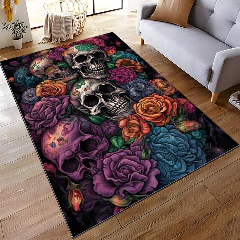 Colorful Skull and Floral Pattern Carpet for Living Room Decor Suitable for use as an anti-slip for living room bedroom sofas