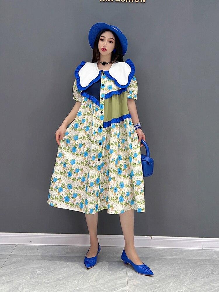 Xitao Francouzské šaty s květinovým potiskem Módní nepravidelné Kontrastní barvy Patchwork s jedlými houbami Stromové ucho Peter Pan límec Dámské ZY7161