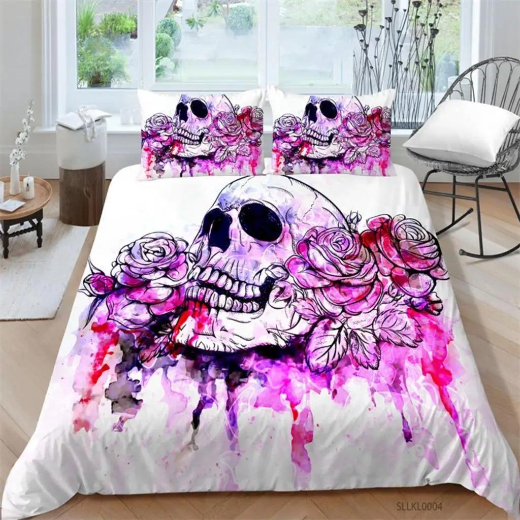 Sugar Skull Duvet Cover Gothic Skull Skeleton Bedding Set Horror Theme Comforter Cover Full King For Teens Adults Bedroom Decor