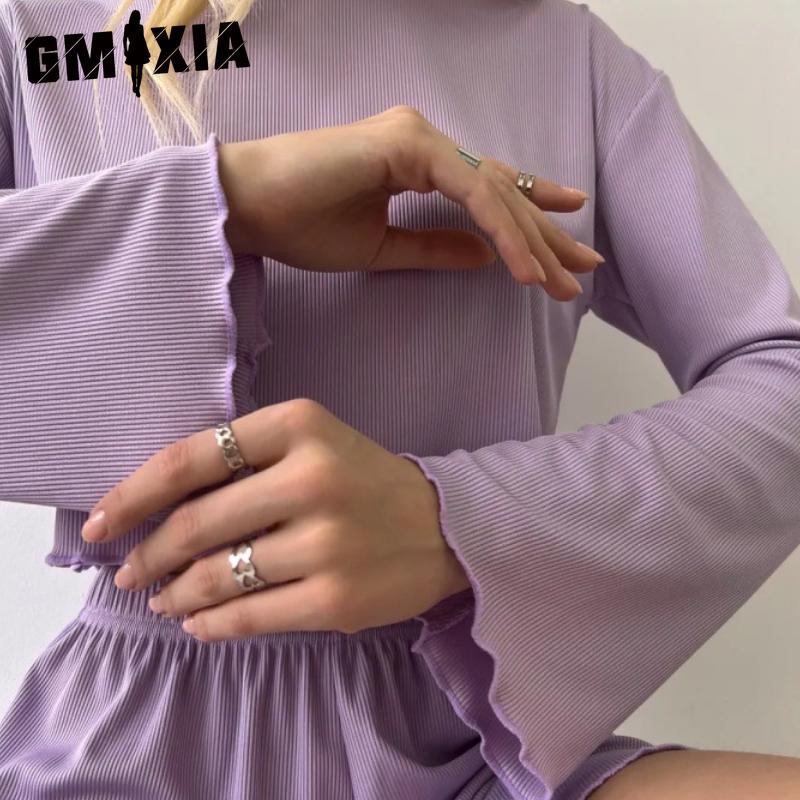 GMXIA Long Sleeve Shorts Autumn and Winter O-Neck Pajamas Two Piece Women's Home