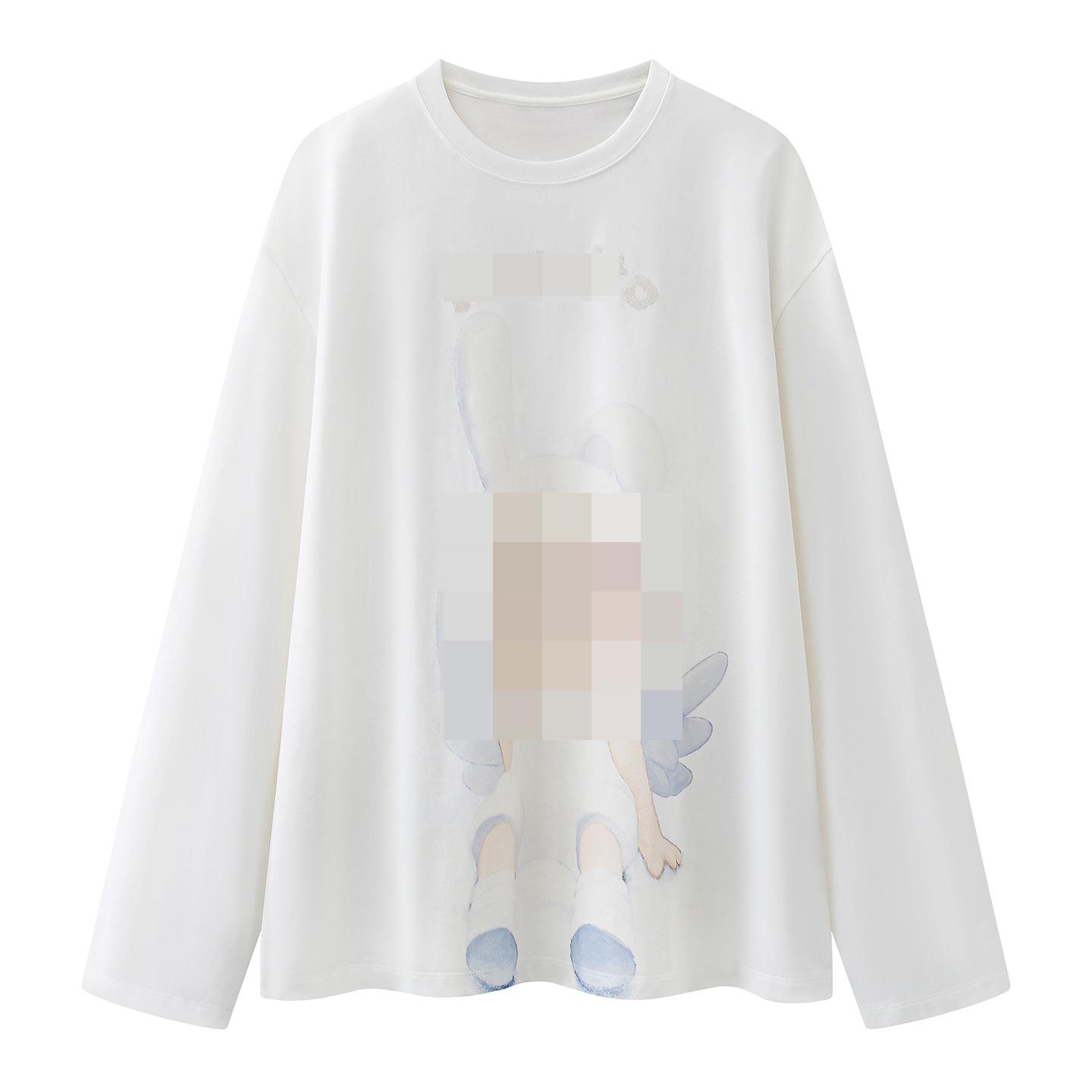 In Stock Spring 2026 Cute Cartoon Print Long Sleeve Round Neck T-shirt Extra Small белый