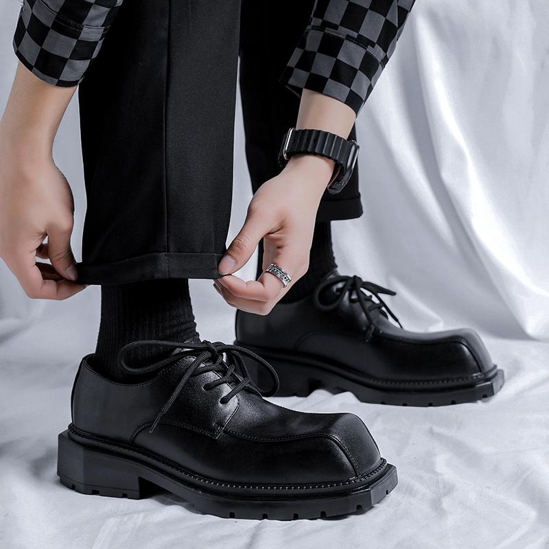 Mens Fashion Original Leather Shoes Lace-up Derby Shoe  Designer Square Toe Platform Footwear Punk Nightclub Dress Sneakers