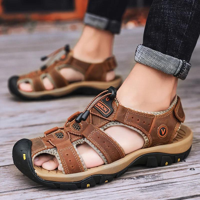 Men Summer Shoes Genuine Leather New Men Sandals Beach Fashion Slippers Outdoor Non-slip Casual Driving Shoes Big Size 38-47