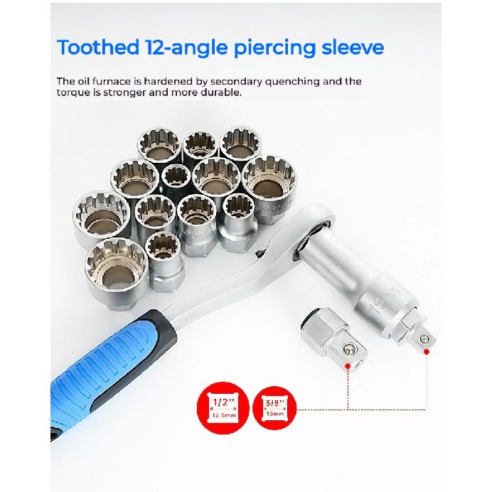 17/29PCS Core Ratchet Socket Wrench Kit Socket Set 12 Angle Penetrating Socket Heart Ratchet Socket Two-Way Wrench Set