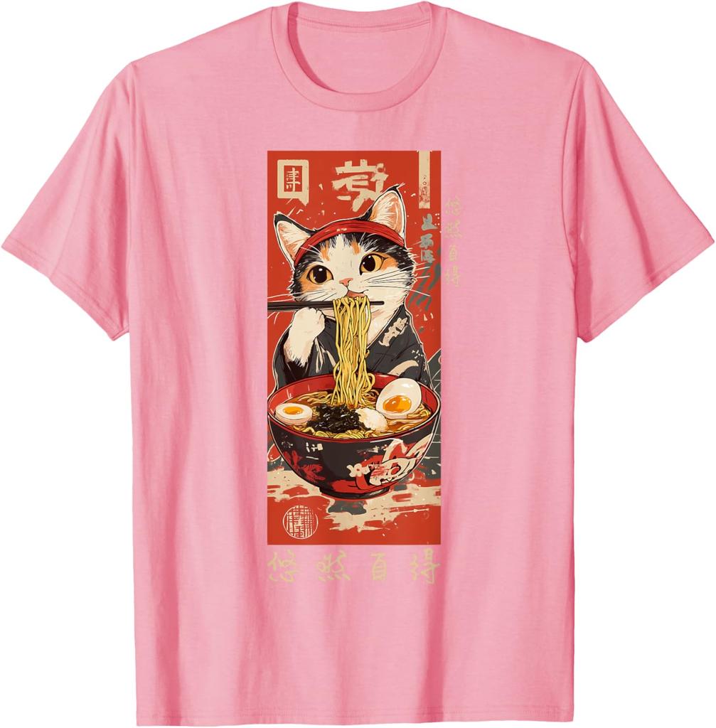 Ramen Cat Eating Noodles Japanese Ukiyoe Style Graphic Tee Casual Cotton TShirt for Men