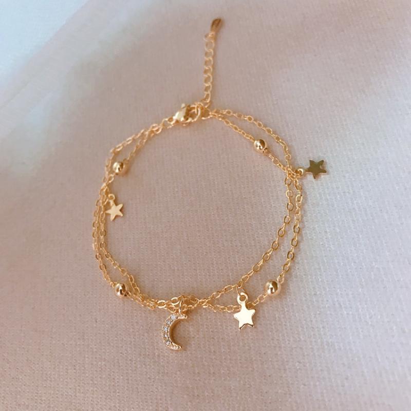 

Браслет с двойной звездой и луной для девочек, Instagram, нишевый дизайн, простой светильник для холодного ветра, роскошные будуарные украшения для рук