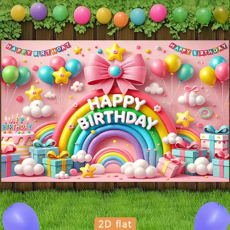 2D Colorful Rainbow & Balloon Happy Birthday Backdrop 2D Photo Background