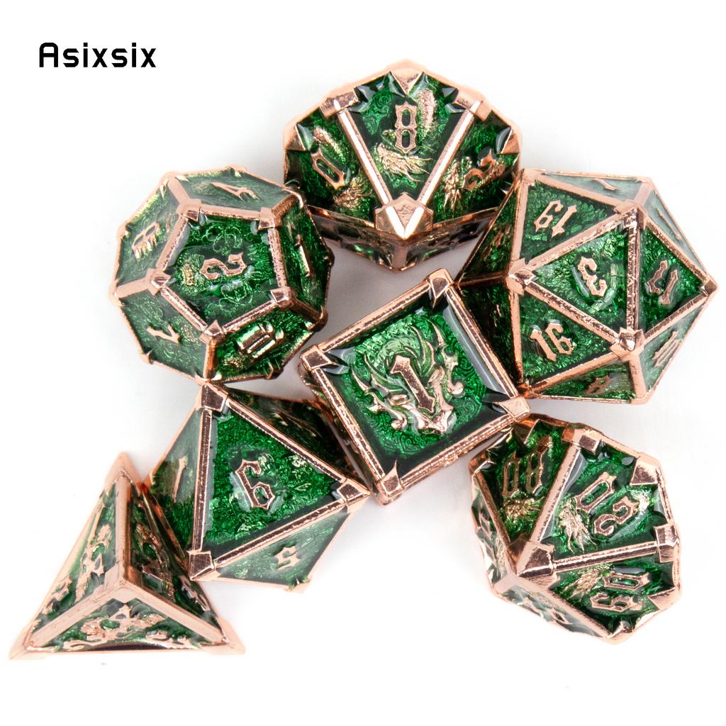 7 Pcs Green Golden Skull Metal Dice Solid Metal Polyhedral Dice Set Suitable for Role-Playing RPG Board Game Card Game