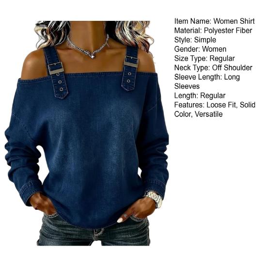 Damen Shirt Verstellbare Träger Schulterfrei Langarm Pullover Tops Uni